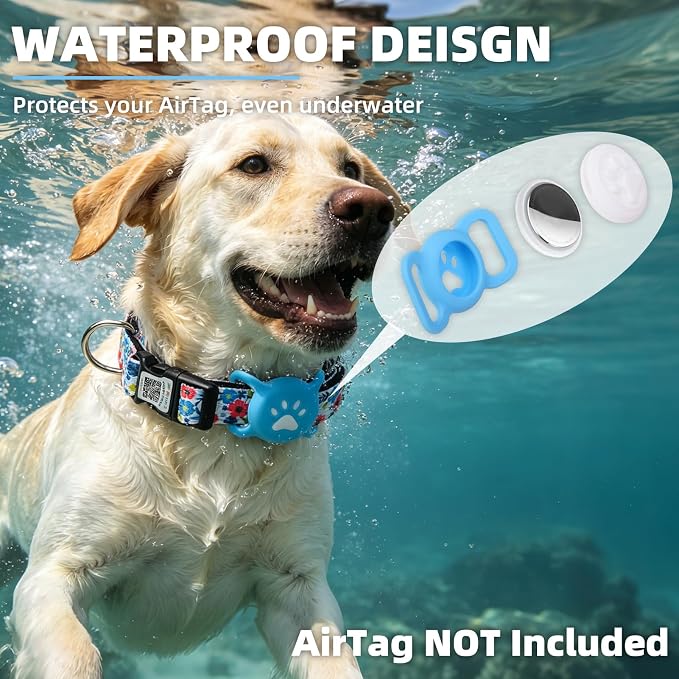 PUPTECK Airtag Dog Collar, Reflective with QR Code Buckle, Waterproof AirTag Holder Outdoor Tracking Pet Collars, Adjustable Soft Padded Durable for Small Medium Large Dogs Walking Training, Blue S