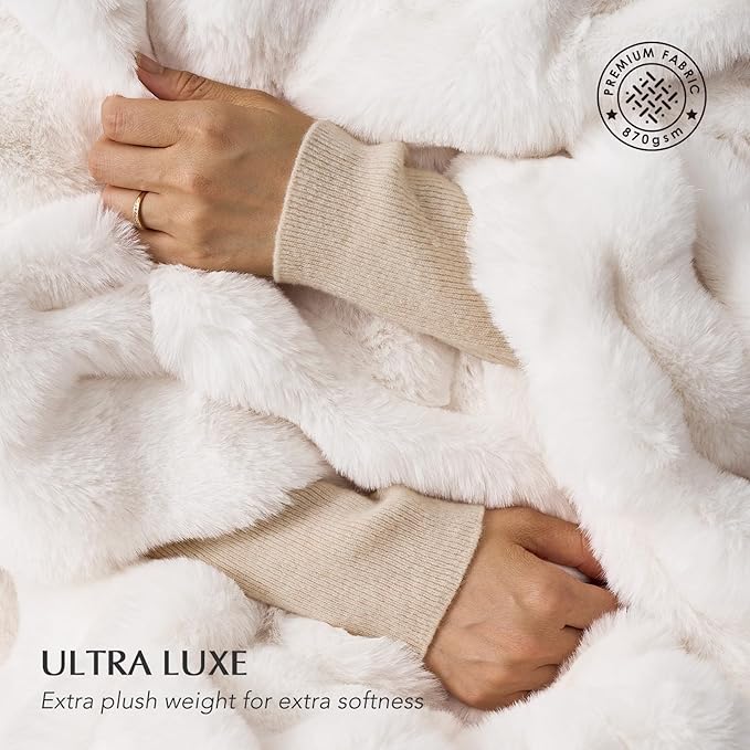 Faux Rabbit Fur Bubble Throw Blanket, 60"x80", Ivory White | Ultra Soft, Luxury Faux Rabbit Fur Throw, Thick Warm Bubble Blanket, Cozy Fluffy Reversible, for Bed, Couch, Chair, Sofa