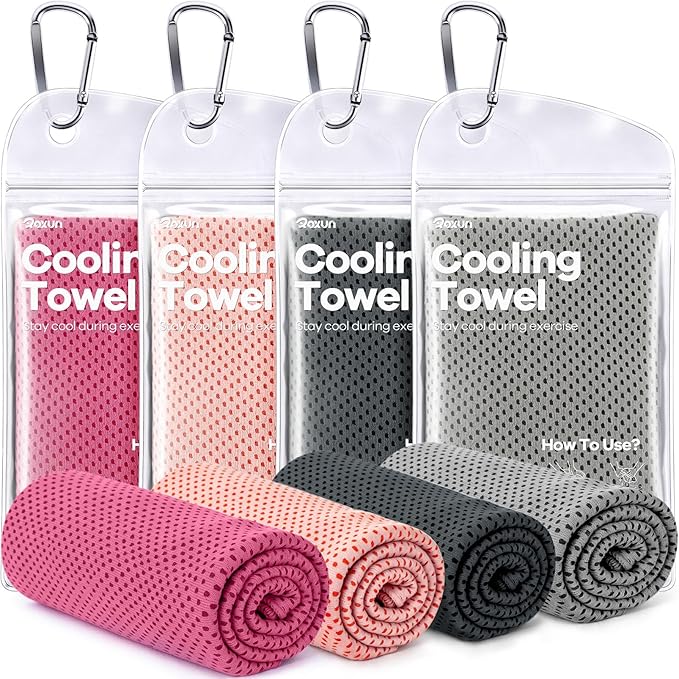 ROXUN 4 Pack Cooling Towels, 40''x12'' Soft Breathable Chilly Neck Ice Rags | Workout Running Golf Gray+Dark Gray+Pink+Light Pink