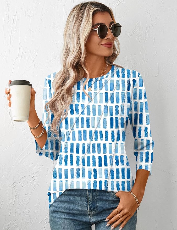 LOMON 3/4 Length Sleeve Womens Tops Spring Summer Fashion 2026 Tops Crew Neck Pleated Shirts Tunic Top Loose Fit