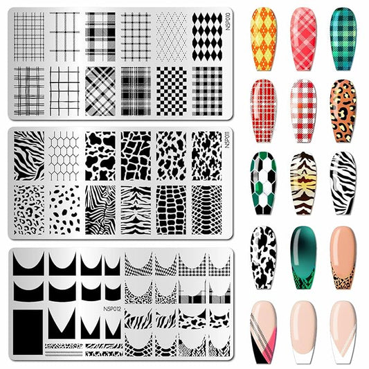 Arbuya Nail Art Stamping Plates Set of 3 - Plaid, Animal Print & French Tip Designs - Stainless Steel Manicure Art Tool