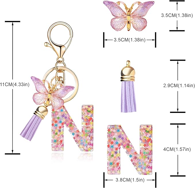 Fashion Alphabet Initial Letter Keychain Tassel Butterfly Pendant Key Ring for Purse Handbags Women Girl