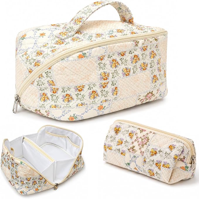 Travel Makeup Bag for Women,Large Capacity Quilted Cosmetic bag， 2PCS Make up Bag Set Open Flat Toiletry Bag for Skincare, Brushes & Travel Essentials (Colorful)