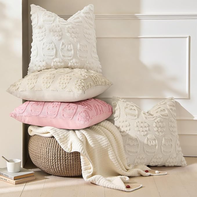 decorUhome Cream White Faux Fur Egg Throw Pillow Covers 20x20 Set of 2 | Plush Soft Wool Jacquard Cream White Cushion Covers, Modern Farmhouse Easter Holiday Decor Pillow Covers for Couch Sofa Bed