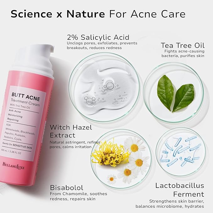 BellamiLuxx Body Acne Care Set: Butt Acne Treatment Lotion + Back & Body Acne Spray with 2% Salicylic Acid & Tea Tree Oil – Clears Breakouts, Soothes Redness & Prevents Bacne for Men, Women & Teens