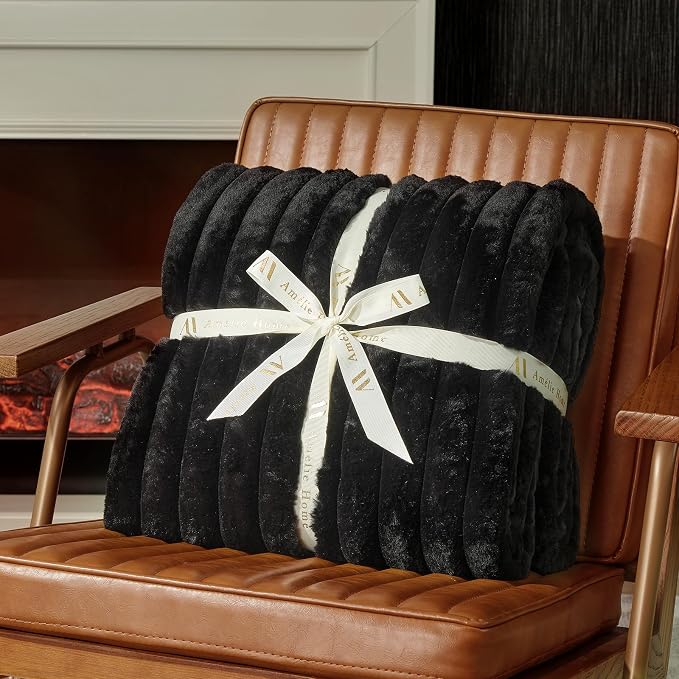 Faux Fur Throw Blanket for Couch, Cozy Fuzzy Fluffy Fur Luxurious Soft Striped Plush Gift Blankets for Family Sofa Chair Bedroom, 55"x70", Black