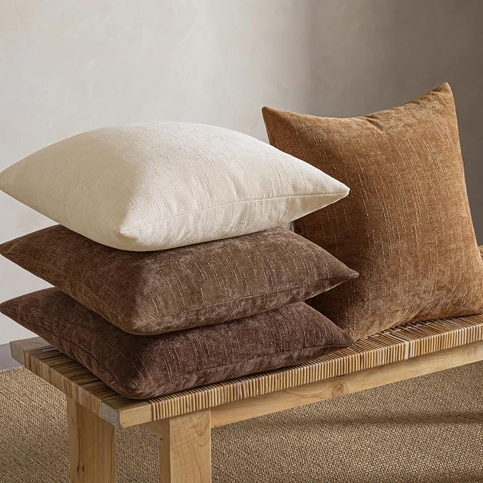 MIULEE Pack of 4 Fall Decorative Throw Pillow Covers Chocolate Brown 22x22 Inch Chenille Textured Throw Pillows Boho Farmhouse Rustic Cushion Covers Vintage Home Decor for Couch Sofa Bed Living Room