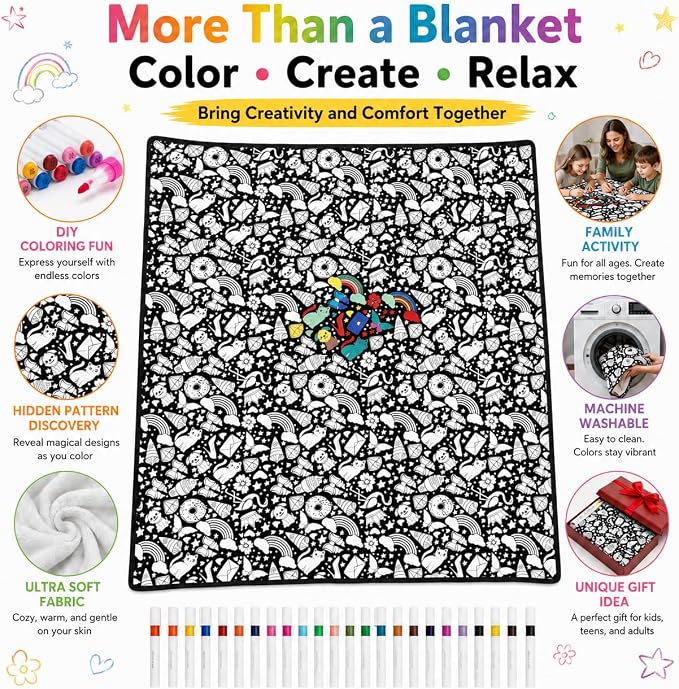 VEELU DIY Rainbow Coloring Blankets with 24 Colors Markers for Adults | Custom Color In Your Own Blankets With 24 Colors Markers, Snuggle Color Sketch Washable Blankets Kit Home Decor