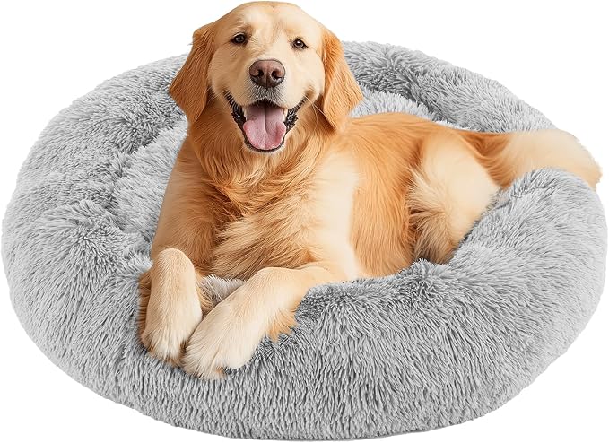 DUMOS 37.4 Inch XL Donut Dog Bed for Indoor Use, Fluffy Faux Fur Plush | Warming Cozy Round Pet Bed, Machine Washable Cuddler, Anti-Slip Bed for Dogs and Cats, Grey