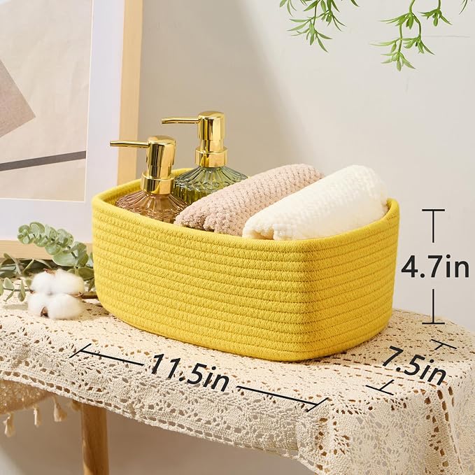 MiniArk Small Storage Baskets for Organizing | Closet Organizer Bins | Shelf Toy Basket | Woven Rope Baskets | Cube Decorative Box | Shallow Basket | 11.5x7.5x4.7” | 4 Packs Yellow