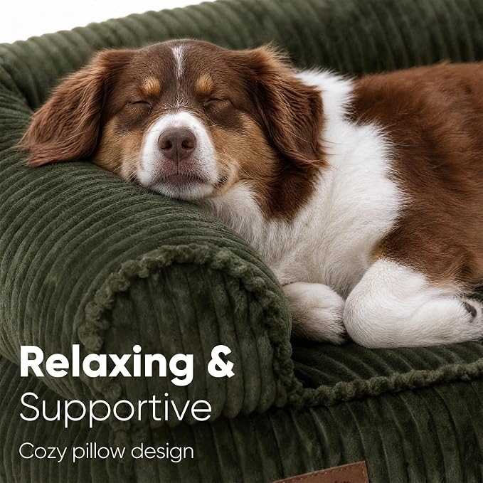 FUKUMARU Cute Dog Bed, Thickened Orthopedic Dog Sofa, Waterproof&Washable | 36" Corduroy Dog Couch with 4" Extra-Thick Egg-Crate Foam, Large Pet Bed for Medium to Large Dogs, Green