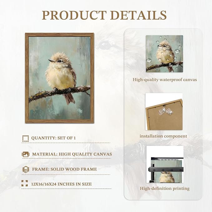 Vintage Framed Bird Wall Art, Rustic Sparrow on Branch Canvas Wall Decor Painting, Cute Bird Animal Artwork Poster Prints Pictures for Living Room Bedroom Bathroom 12x16 Inch