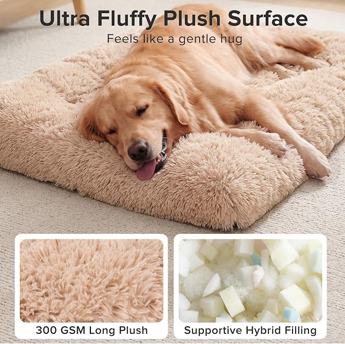 JOEJOY Large Dog Bed Crate Pad, Deluxe Plush Washable Dog Beds Fulffy Soft Kennel Pad Anti-Slip Pet Sleeping Mat for Extra Large Medium Small Dogs, 40" x 27", Beige