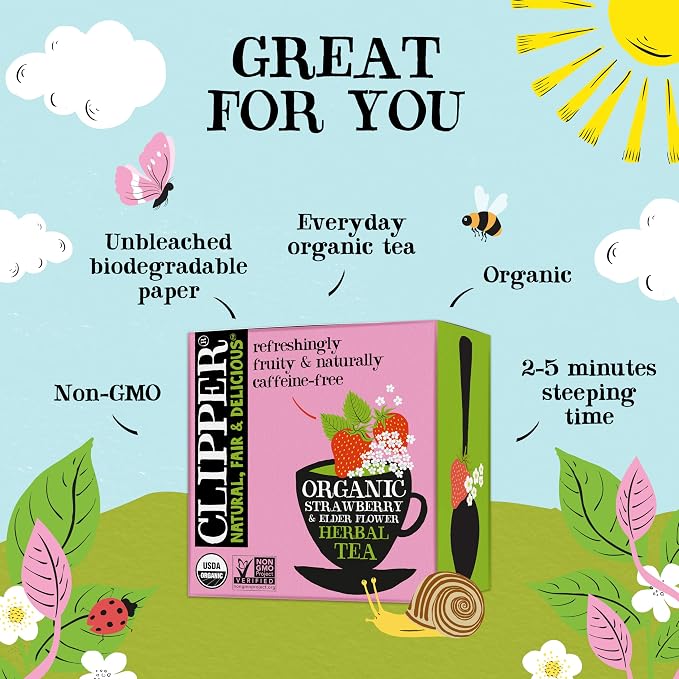 Clipper Tea Organic Strawberry & Elderflower Herbal Tea – 50 Count (Pack of 1) – Caffeine Free & Non-GMO – Unbleached, Plastic-Free Tea Bags – Delicious Hot or Iced Fruit Infusion