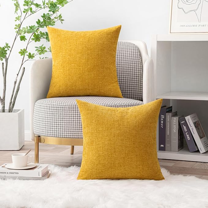 MIULEE Soft Chenille Throw Pillow Covers Mustard Yellow 18x18 Pack of 2 | Modern Home Decor, Classic Decorative Pillows, Solid Dyed Cases, Boho Couch Cushion Covers for Sofa Bed Living Room