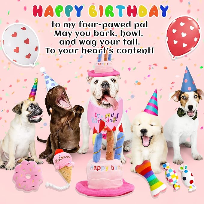 lilfrd 9Pcs Pink Dog Birthday Toy Set, Squeaky Hat Bandana Gift for Dogs