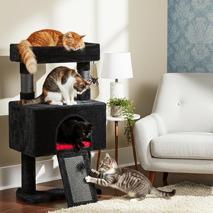 BEWISHOME Cat Tree Tower for Indoor Cats, Gothic Cat Trees with Coffin Bed | Goth Cat Tree/Condo/House with Scratching Posts, Cat Shelves with Spider Toy, Pet Play Activity Center Black with Red MMJ95R