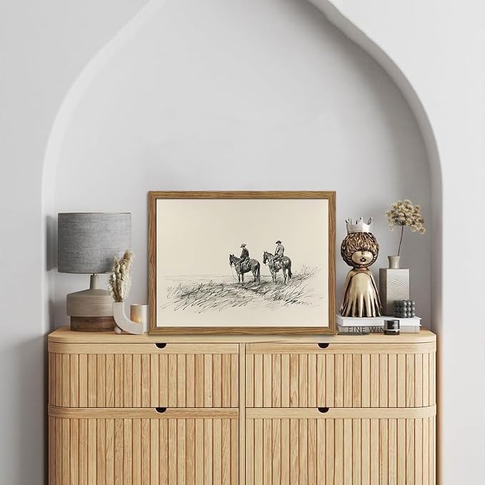 Framed Western Wall Art, Cowboys on Horses Sketch Picture Print, Western Wall Decor, Vintage Country Farmhouse Western Cowboys Canvas for Living Room Bedroom Home 12x16 inch