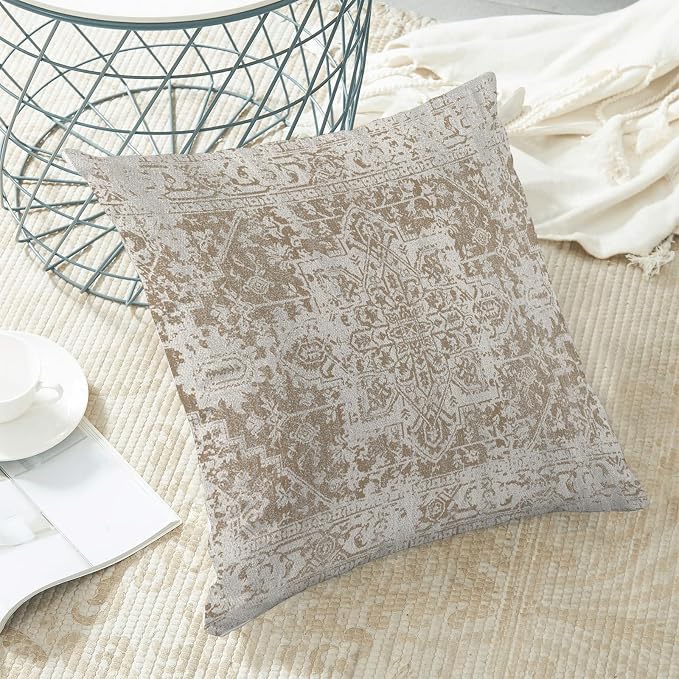 AEIOAE Boho Pillow Covers 22x22 Inch Set of 2,Carpet Pattern Throw Pillows Case,Brown Beige White Ethnic Design Outdoor Decorative Square Linen Farmhouse Decor Cushion Covers for Home Sofa Bed Couch