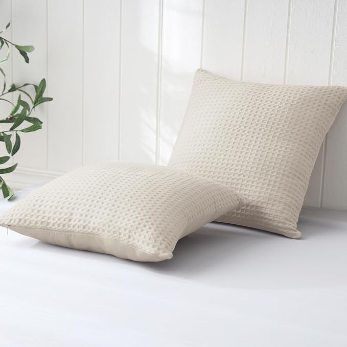 100% Egyptian Cotton 600 TC Waffle Weave Throw Pillow Covers 4 Pack | Ultra Soft Breathable Euro Pillow Shams Covers, Decorative Cushion Covers for Bed Couch Sofa Car, Beige, 26" x 26"