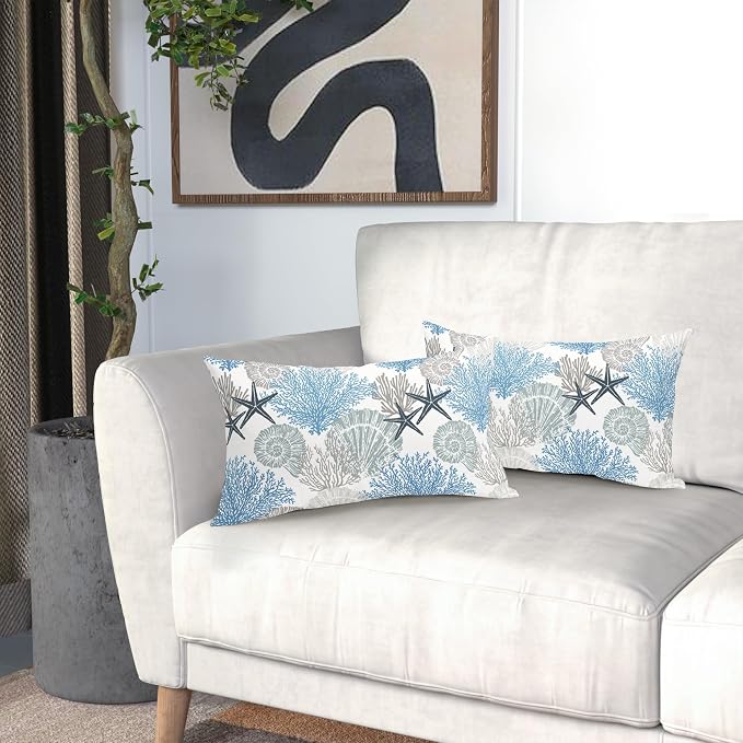 Coastal Starfish Seashell Coral Lumbar Pillow Covers 12X20 Inch Set of 2 Summer Nautical Beach Decorative Pillow Cases Sea Ocean Cotton Linen Cushion Case Farmhouse Home Decor For Sofa Couch Bed Room