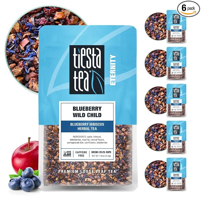 Tiesta Tea - Blueberry Wild Child, Loose Leaf, Blueberry Hibiscus Herbal Tea, Premium Non-Caffeinated Blend, Make Hot or Iced & Brews Up to 25 Cups, 1.8oz Resealable Pouch, Pack of 6