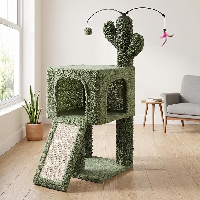 32" Cactus Cat Tree for Indoor Cats, 2-in-1 Cat House with Sisal Scratching Post & Ramp, 2-Level Cat Tower with Rotatable Feather & Ball Toys, Stable Cat Condo for Small/Medium Cats, Green