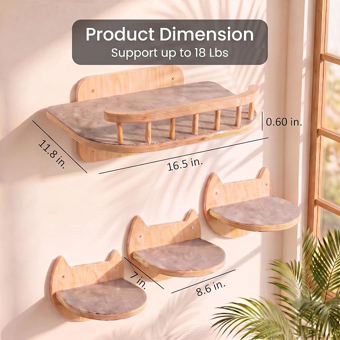 Cat Wall Shelves, Floating Bed with 3 Cat Wall Steps - Natural | Pre-Drilled Anchor Kit for Easy Mount, Cozy Spot for Climbing & Play, Indoor Cats up to 18 lbs, Solid FSC Birch Wood