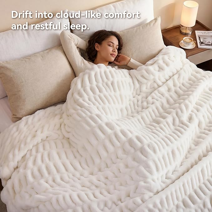 Cream White Fluffy Blanket for Couch -Luxury Faux Rabbit Fur 50"x60" | Ultra Soft & Plush Comfort Ruched Blanket, Cozy Fuzzy Fleece Throw for Sofa, Bed & Office, Gift for Women, White Room Decor