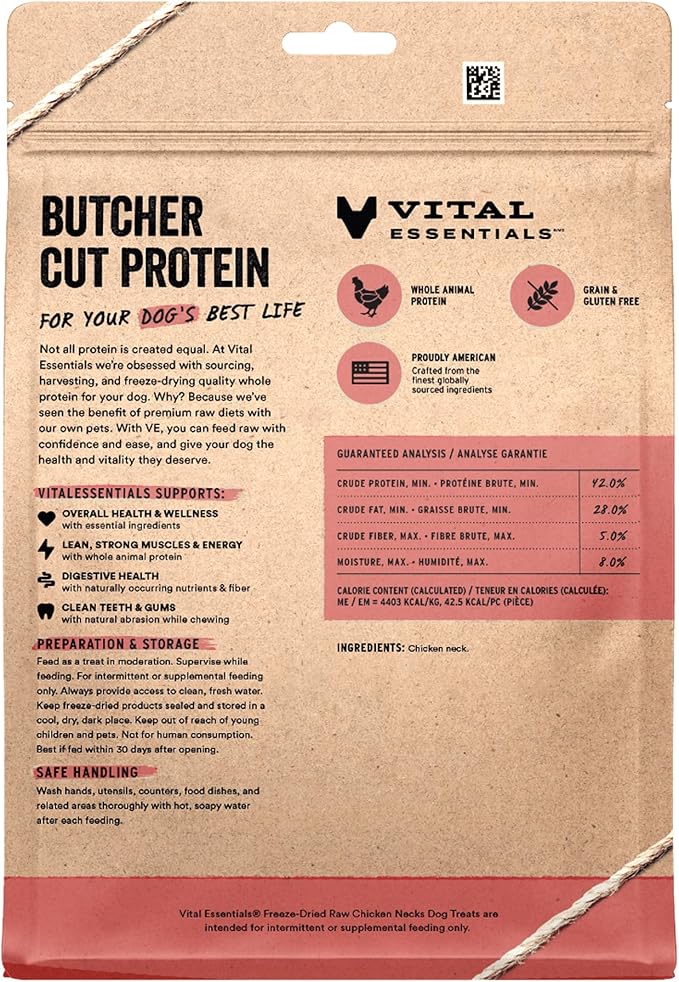 Vital Essentials Freeze-Dried Raw Chicken Necks Dog Treats, 9 oz Bag | Single Ingredient, Premium Quality Protein, Grain Free, USA Made with U.S. & Globally Sourced Ingredients