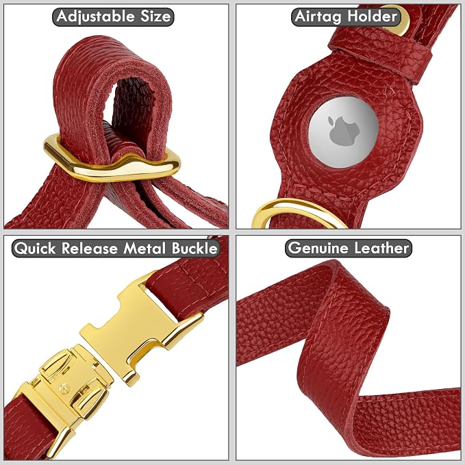 Leather Airtag Dog Collar - Soft Tracking Dog Collar with Apple AirTag Holder and Metal Buckle - Safety GPS Pet Collars for Small Medium Large Dogs Puppy Pink Red (Red, XL, 20"-25" Neck Fit)
