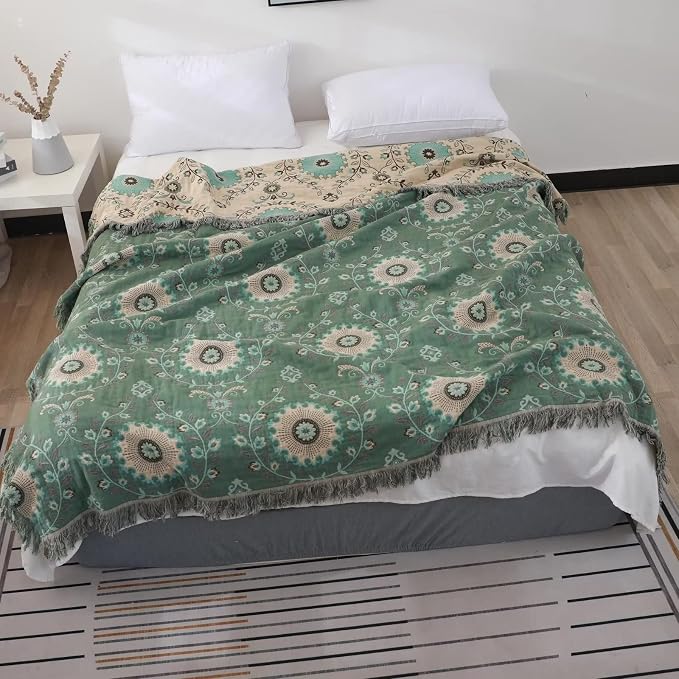 LUTBM Boho Throw Blanket for Bed 60"x80", 100% Cotton Soft Couch Blankets | Reversible Floral Jacquard, All-Season Twin Quilt, For Chair Sofa Living Room, Lightweight & Breathable Gauze, Home Decor