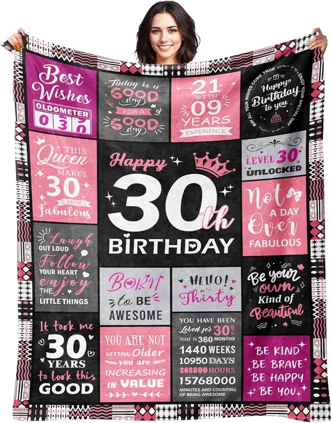 30th Birthday Gifts for Women, Happy 30th Birthday Blanket 60" x 80" | 30 Year Old Birthday Gifts for Women, Daughter, Friend, 1996 30th Birthday Decorations for Her