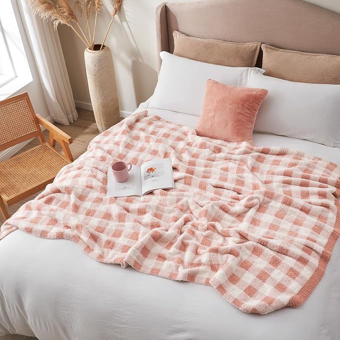 Snuggle Sac Checkered Throw Blanket for Couch, Super Soft, Cozy Warm Knit Decorative Blankets, Reversible Plaid Fluffy Throws for Sofa, Bed, Plaid Pink, 50x60 Inches