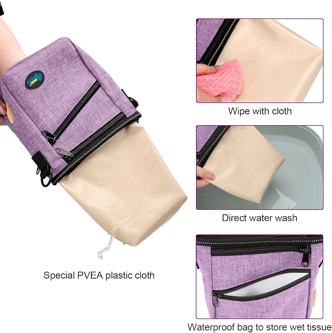 Ownpets Dog Training Pouch with Silicone Liner, Pet Treat Training Pouch with Collapsible Bowl, Shoulder Strap & Waist Strap, 4 Ways to Wear, Walking Fanny Pack for Dog Training - Purple