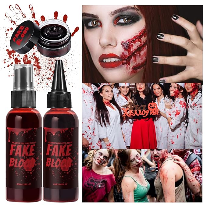 Fake Blood Makeup Kit – Realistic Halloween Fake Blood Spray & Gel for SFX, Cosplay, Costume, Stage, Zombie, Vampire, Scab Effects – Non-Toxic, Easy to Apply & Wash Off 【3-Pack】