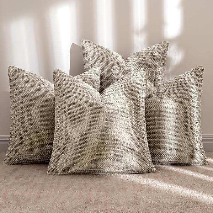 MIULEE Soft Decorative Chenille Pillow Covers Khaki 20x20 Pack of 4 | Modern Home Decor, All Same Khaki Color Set, Couch Throw Pillows, Farmhouse Boho Cushion Covers for Sofa Bed Living Room