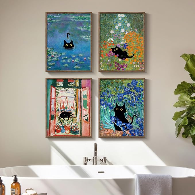 Framed Cat Bathroom Wall Art, 4 Piece Funny Cute Black Cat in Water Lilies Canvas Painting Prints Artwork, Garden Flowers Monet Cat Aesthetic Pictures for Bedroom Kitchen Living Room Home Decor, 11x14