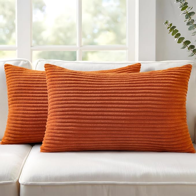 Mecatny Corduroy Fall Throw Pillow Covers 12x20 Set of 2 Burnt Orange | Soft Striped Texture, Hidden Zipper Design, Neutral Boho Lumbar Pillow Cases for Sofa Couch Living Room Bedroom, Home Décor