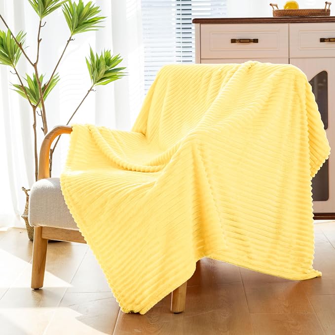 Vessia Flannel Fleece Throw Blanket, 300GSM Cozy Light Yellow Striped Throw Blanket for Couch, Sofa and Bed, Warm and Soft Cozy Pale Yellow Microfiber Ribbed Decor for All Season