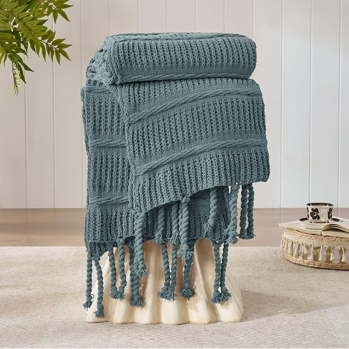 Boho Knitted Chenille Blanket with Tassels - Lightweight & Soft All-Season Throw - 3D Classic Pattern for Living Room Bedroom Couch, Celestial Blue, Queen 90"x90"