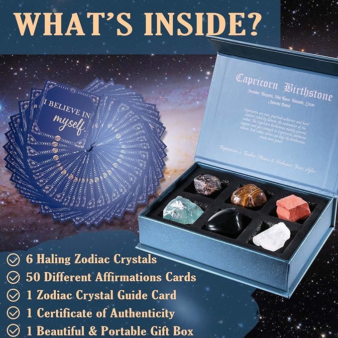 Faivykyd Capricorn Crystals Gifts - 6 Capricorn Zodiac Stones w/50 Miracle Mantras Affirmations Cards, Spiritual Gifts for Positive Energy, Self-Love & Wealth