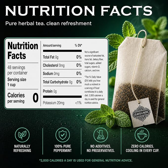 A&P Coffee Peppermint Tea Bags, 48 Count, Refreshing Mint Herbal Tea, Naturally Caffeine Free, Hot or Iced Tea, Premium Organic Tea Bags, Fresh Aroma, Smooth Taste