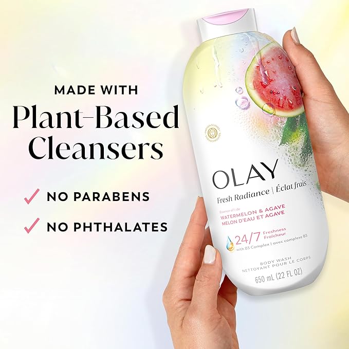 Olay Body Wash for Women, Fresh Radiance, 24/7 Skin-Loving Freshness, Visibly Radiant, Plant Based Cleansers, Vitamin B3 & Antioxidant Blend, For All Skin Types, Watermelon & Agave Scent, 22 fl oz
