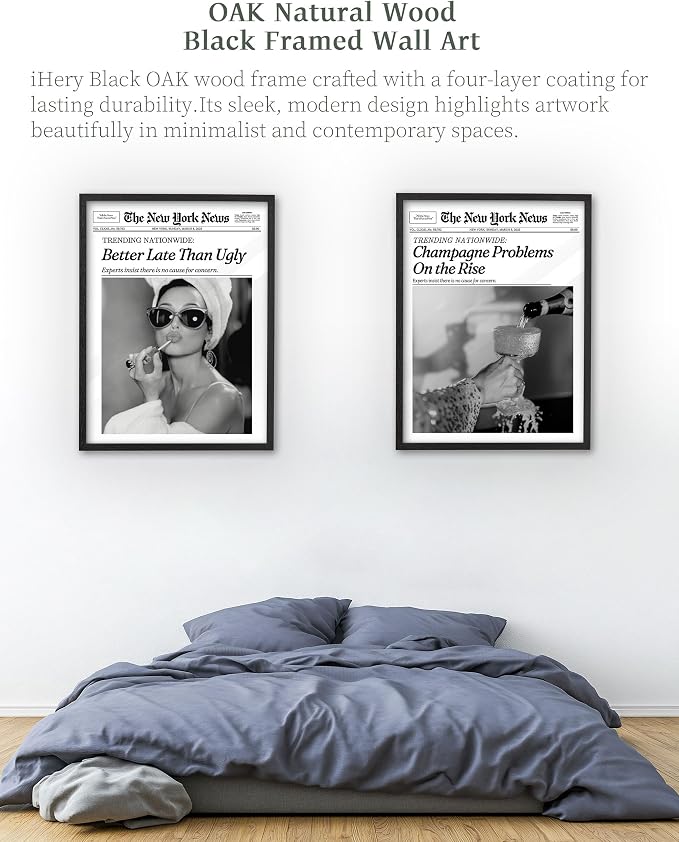 iHery 12x16in Audrey Hepburn Better Late Than Ugly Framed Bathroom Art | Premium Black Natural OAK Wood Frame with Canvas Print, Vintage Fashion Wall Decor for Bedroom, Apartment Girl Dorm, 1Pack