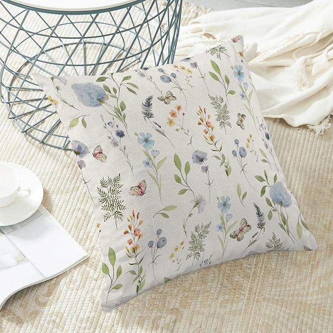 Spring Pillow Covers 20x20 Inch Set of 2, Sage Green Blue Wild Flower Throw Pillows Case,Colorful Seasonal Floral Plant Outdoor Decorative Farmhouse Decor Cushion Covers for Home Sofa Bed Couch