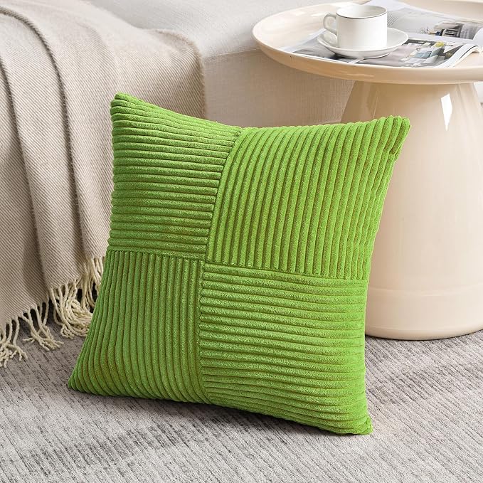 Fancy Homi Set of 1 Lime Green Square Decorative Throw Pillow Covers 14x14 Inch for Living Room Bedroom Couch Bed Sofa, Soft Striped Corduroy Modern Rectangle Accent Cushion Case 35x35 cm