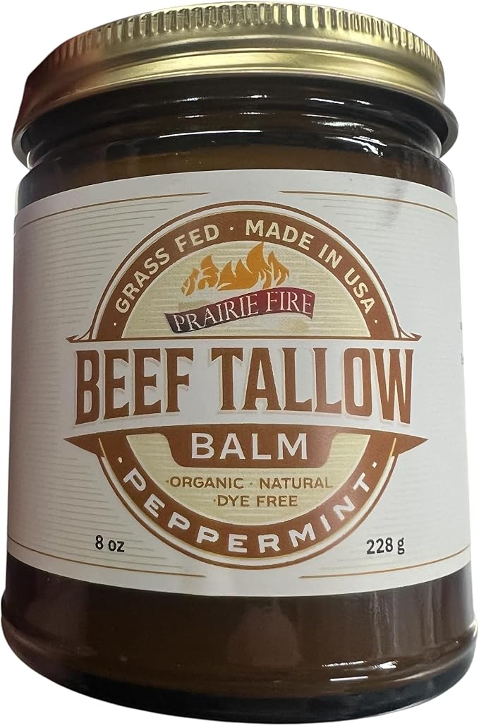 Grass Fed Beef Tallow Balm - 8 oz - Made in USA - Organic Grass Fed and Finished - Moisturizing Skin Care Peppermint