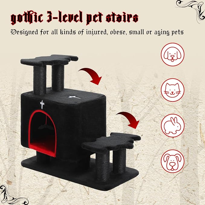 Gothic 3-in-1 Cat Stairs with Scratching Post & Condo, Pet Steps | Pet Steps for High Beds, Sofa, Couch, Tall Cat Tower, High-Strength Boards for Indoor Small Cats Kittens Dogs Climbing Play