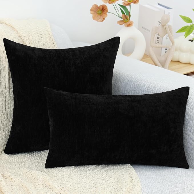 decorUhome Soft Chenille Black Throw Pillow Covers 24X24 Set of 2 | Decorative Fall Couch Pillow Covers Solid Dyed Accent Modern Euro Sham Farmhouse Neutral Square Pillow Cases for Sofa